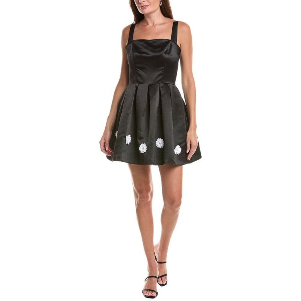 Rene Ruiz Womens Square Neck A-Line Faille Dress, Black